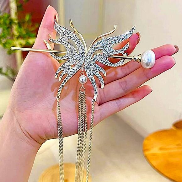 Rhinestone Gold Butterfly Hair Stick Chopsticks Hair Accessory - Picture 7 of 7